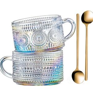 Vintage Glass Coffee Mugs 14 Oz Set of 2 Iridescent Embossed with gold spoons